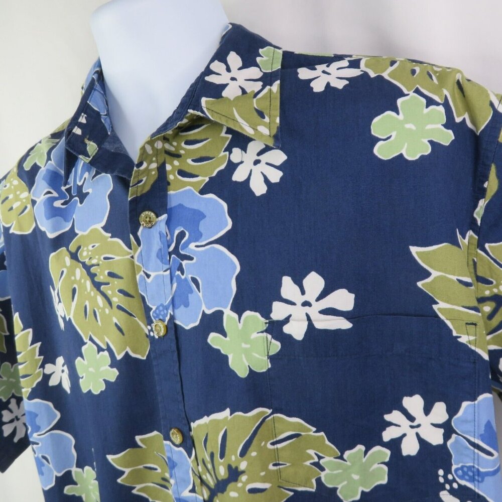 Cooke Street Hawaiian Aloha Shirt Mens L Blue Hibiscus Floral 100% Cotton
